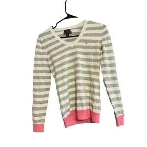 TOMMY HILFIGER SIZE S/P V NECK GRAY AND WHITE STRIPES TOP